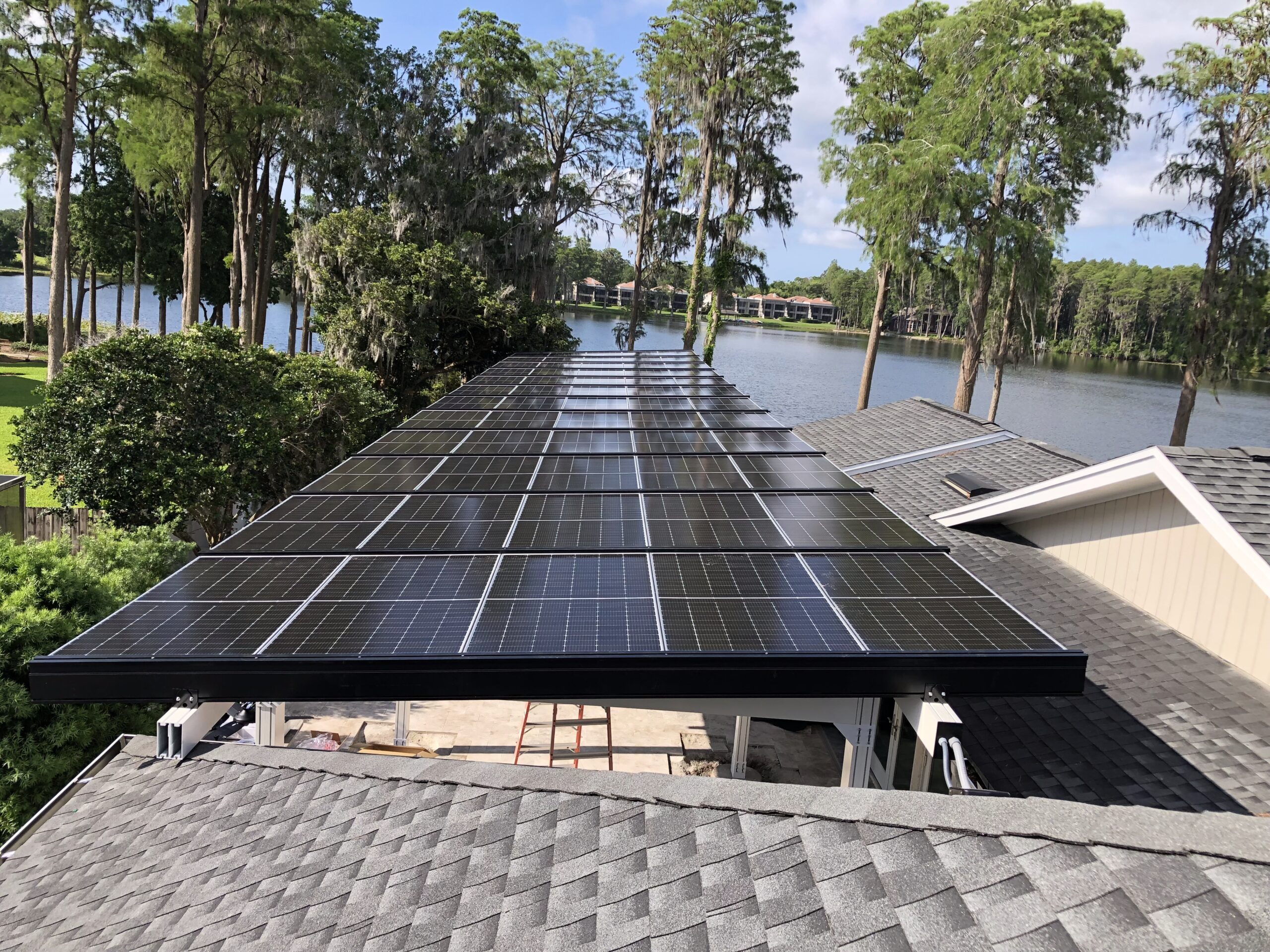 Watertight solar canopy roof panels viewed from above